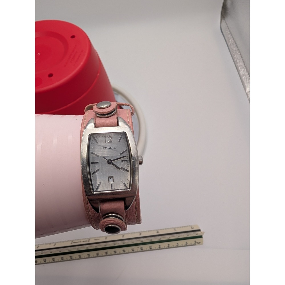 Fossil JR-8610 Pink Leather Cuff Watch Silver Rectangular NEW BATTERY